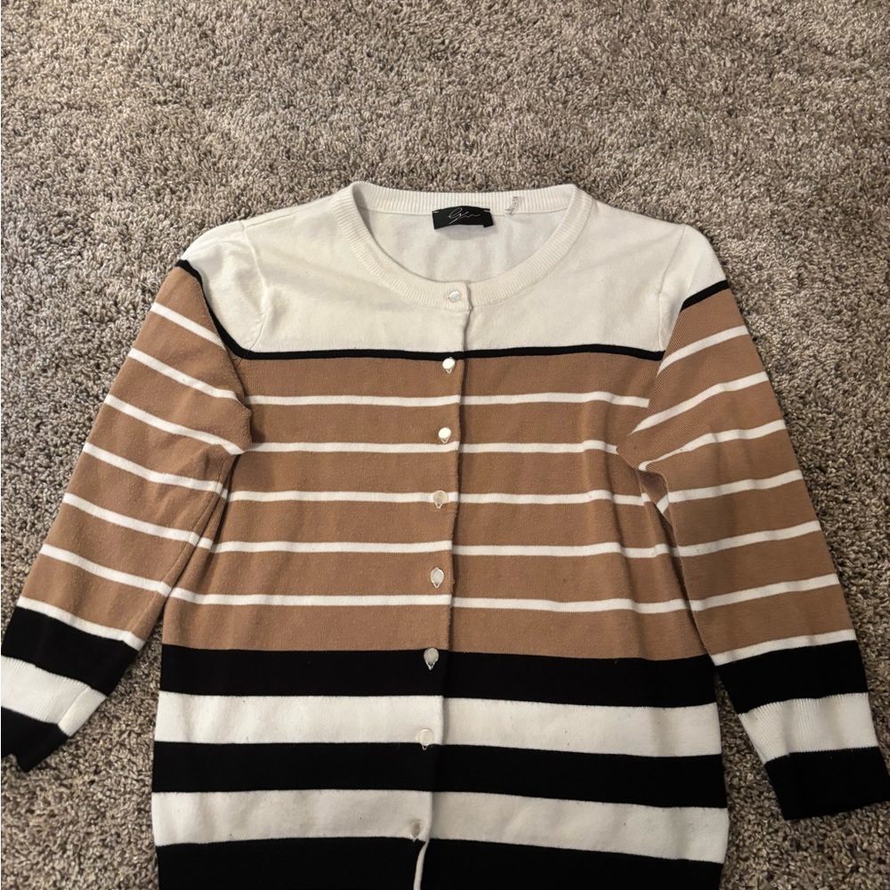 Striped Crewneck Button-Front Cardigan - White & Tan